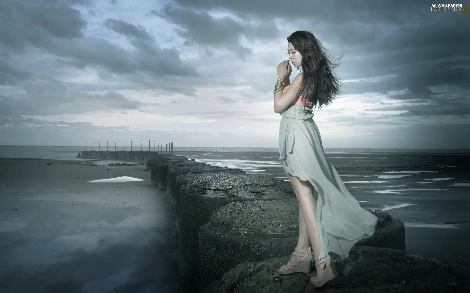 sea, clouds, girl, breakwater, sad