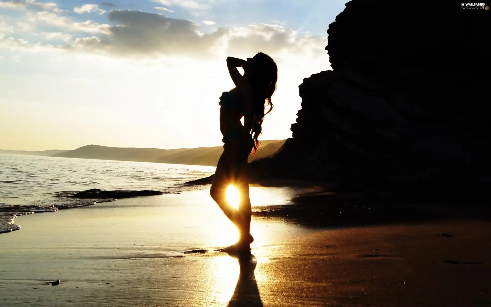 sea, mountains, Women, Sand, Great Sunsets