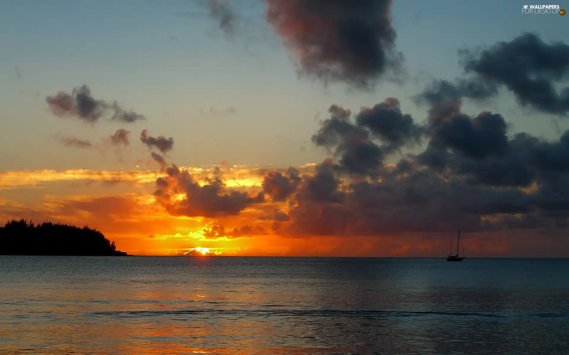 west, Ship, sea, sun