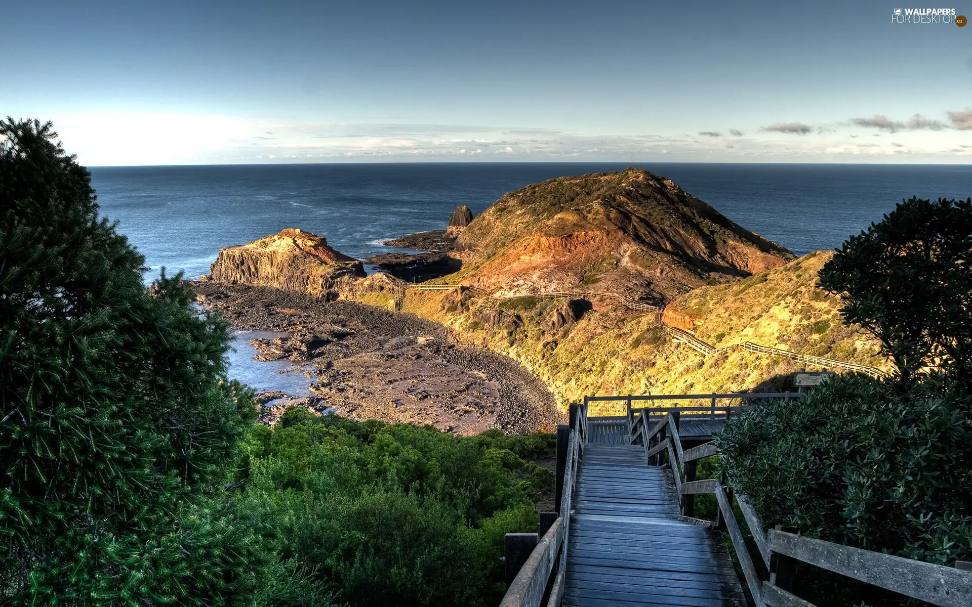 wood, The Hills, sea, Stairs