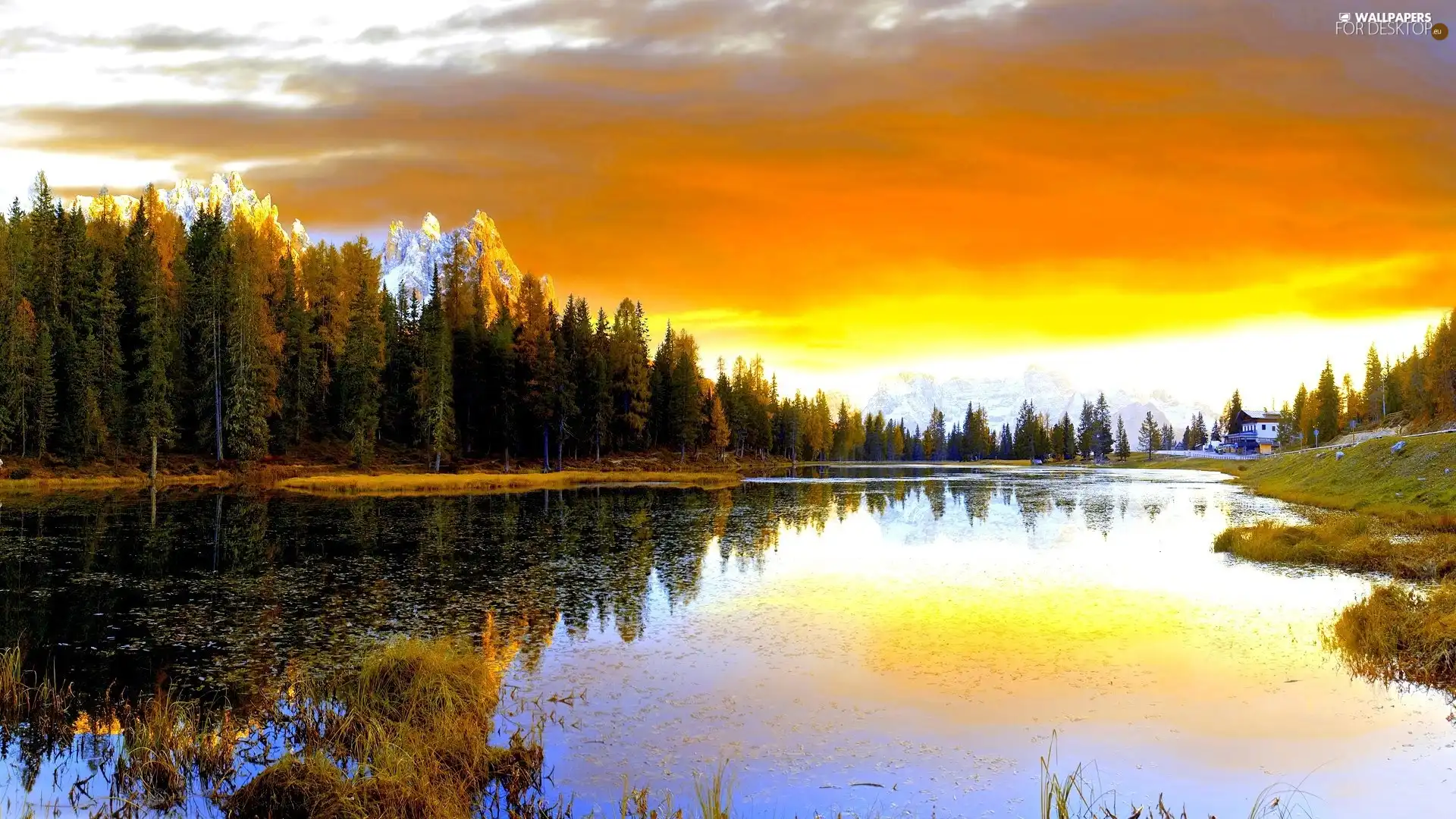 Sky, water, woods, Clouds, Mountains