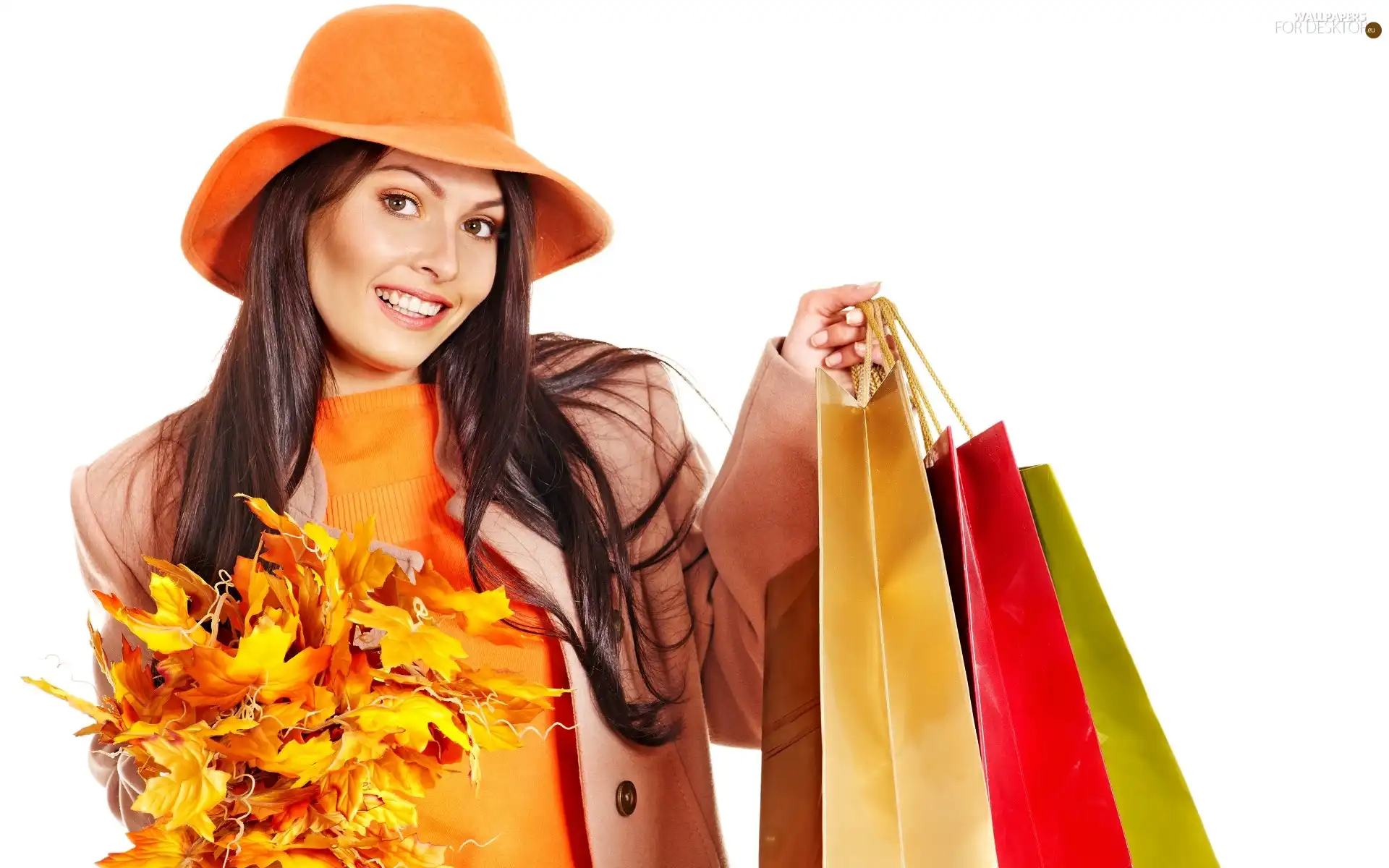 small bunch, smiling, Leaves, shopping, autumn, brunette