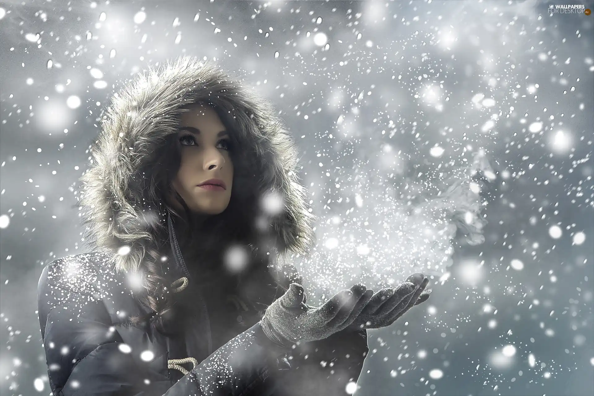 snow, hands, Winter, flakes, Women