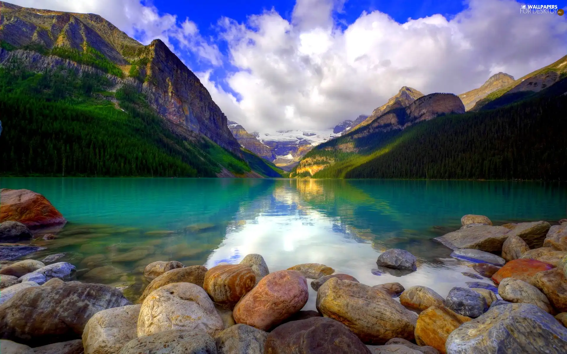 Mountains, clouds, Stones, lake - For desktop wallpapers: 1920x1200