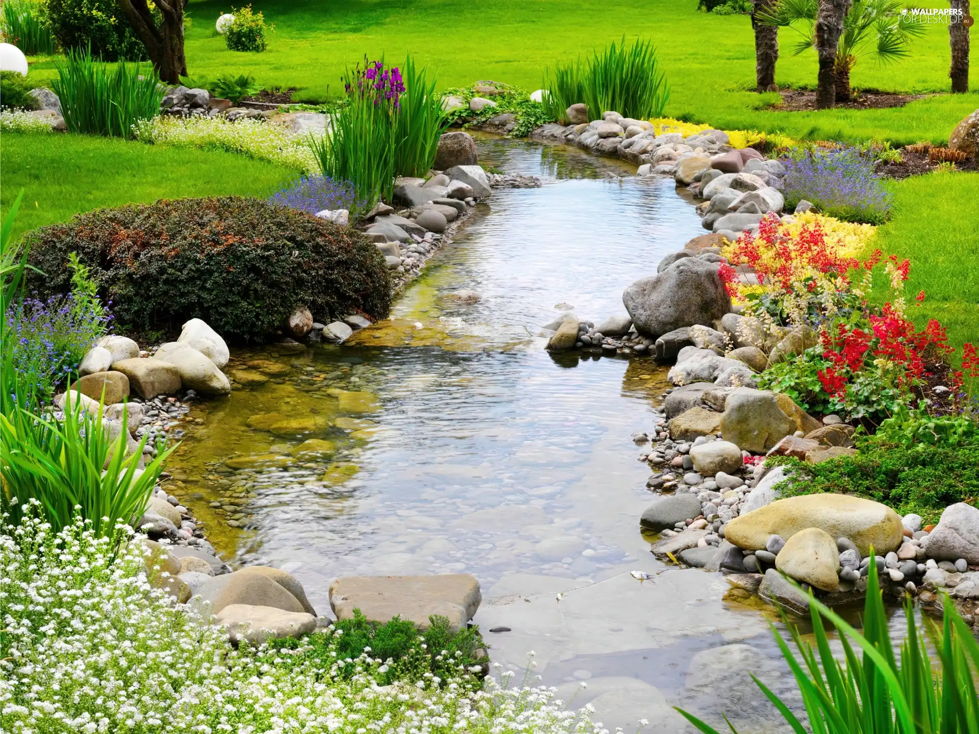 Park, Flowers, Stones, brook