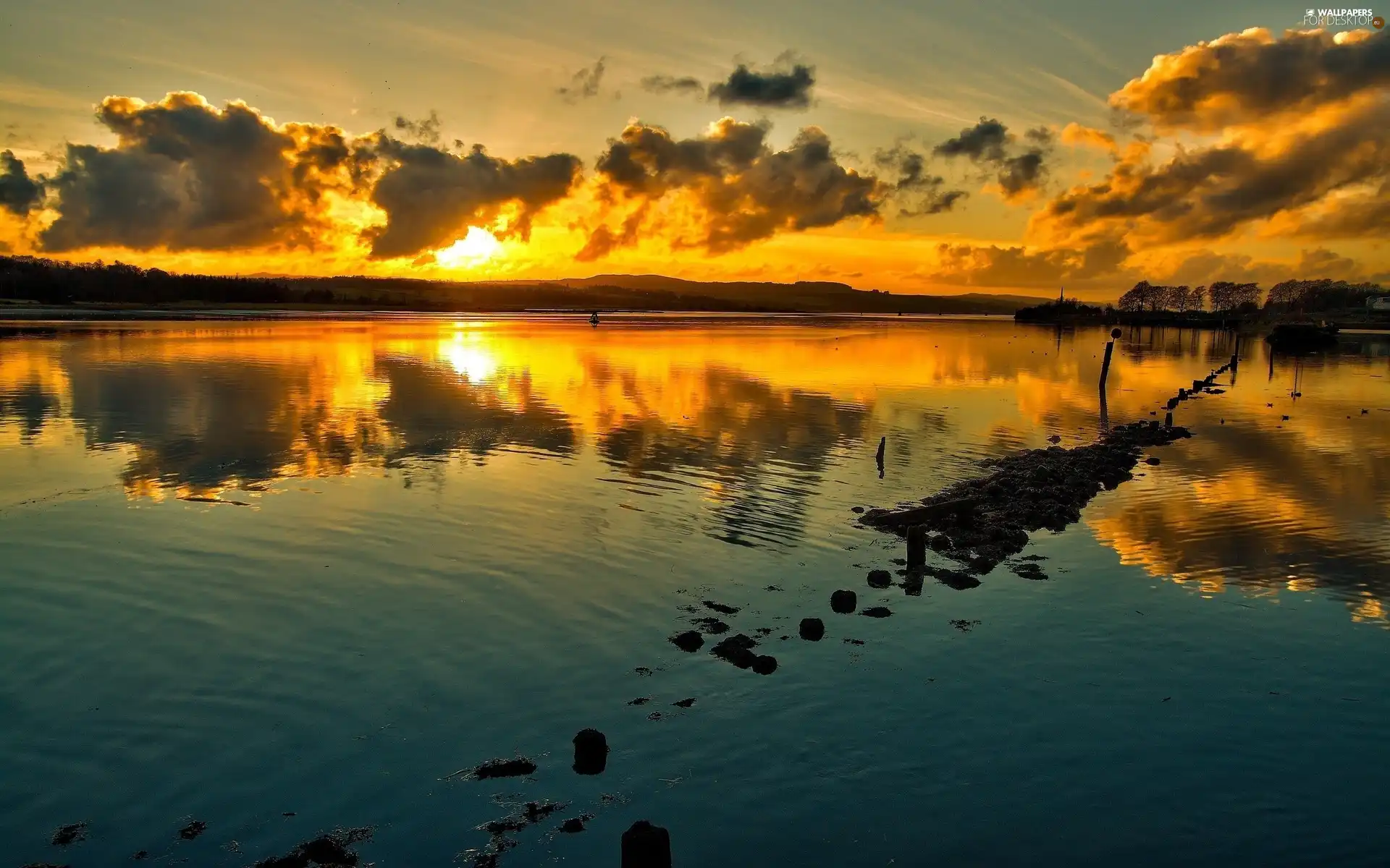 lake, west, sun, clouds