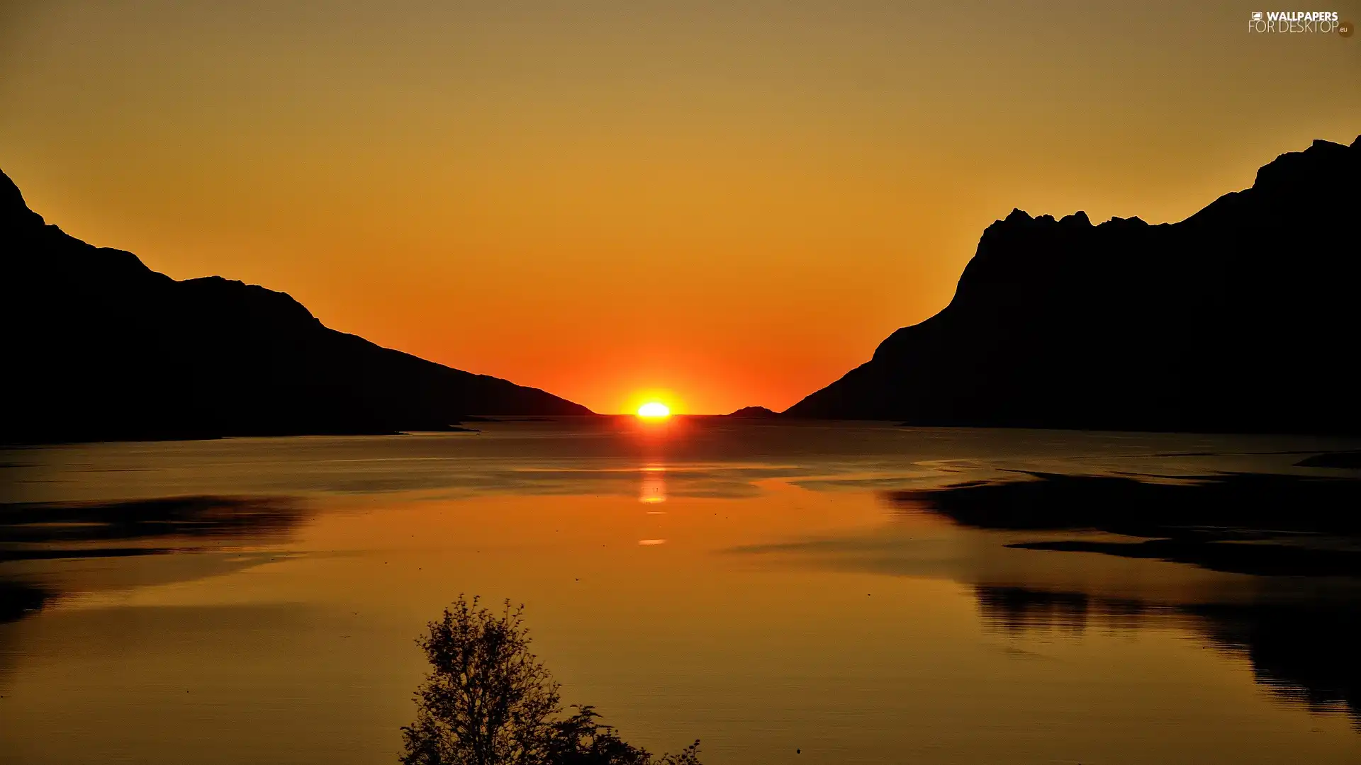 Mountains, west, sun, lake