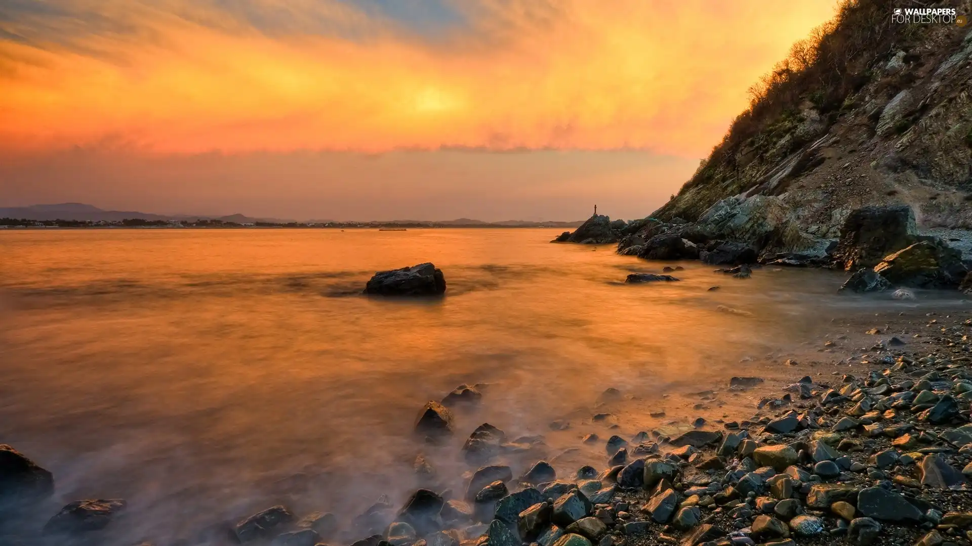 water, west, sun, Stones