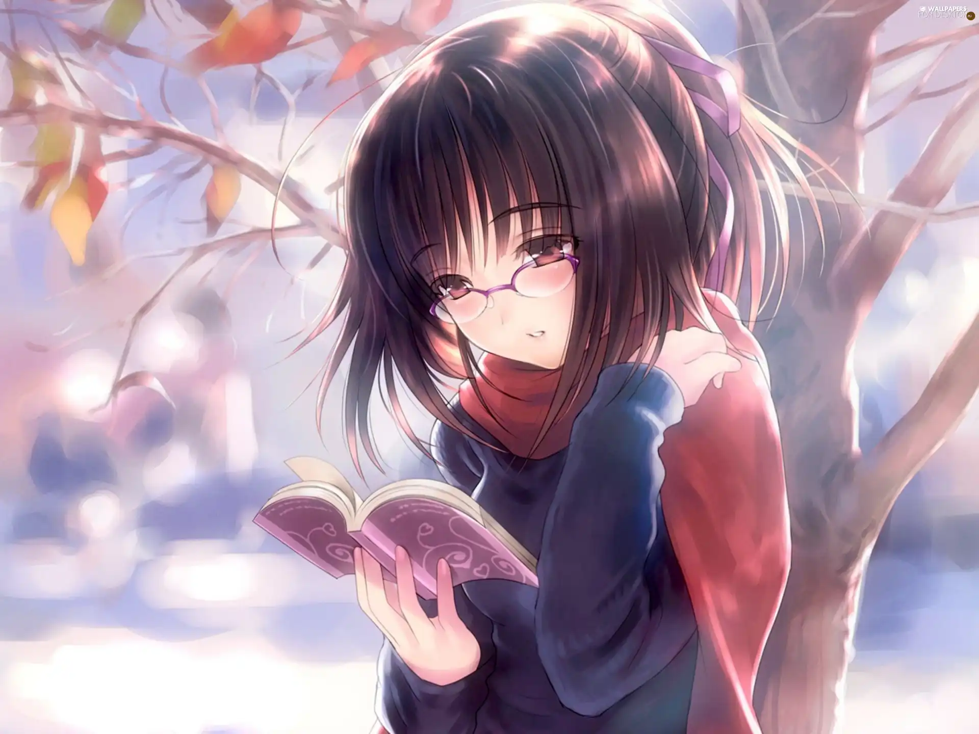 girl, Book, trees, Glasses