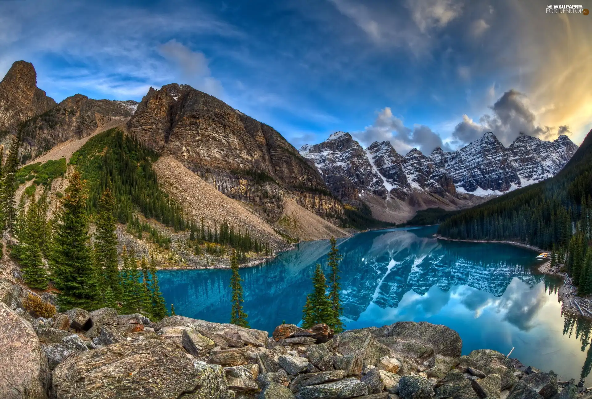 trees, viewes, Stones, lake, Mountains