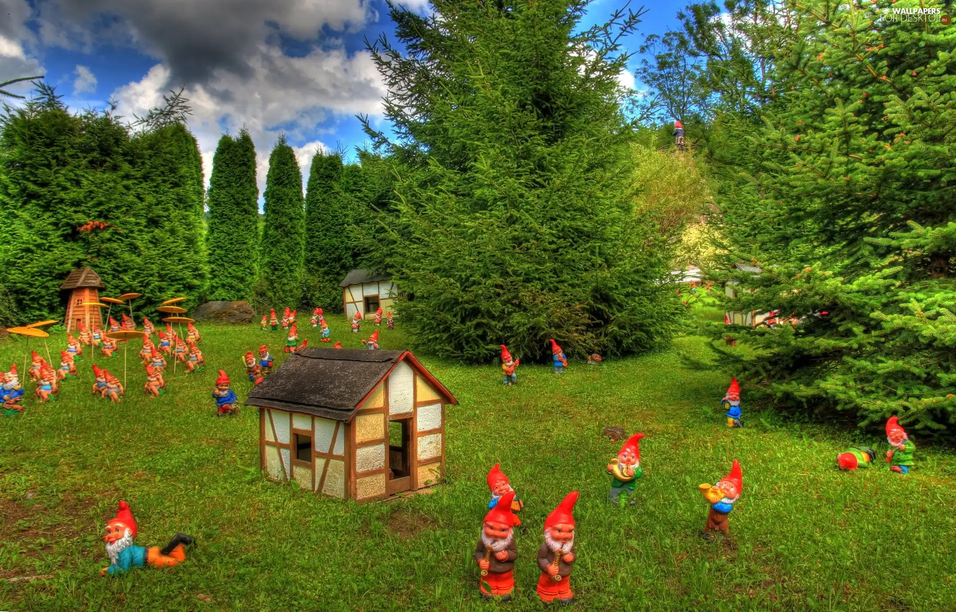 trees, viewes, gnomes, Houses, village