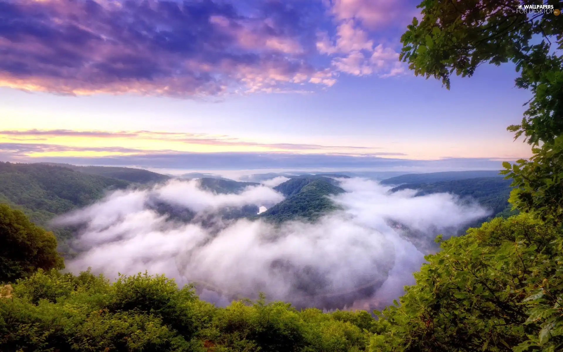 clouds, trees, viewes, Mountains