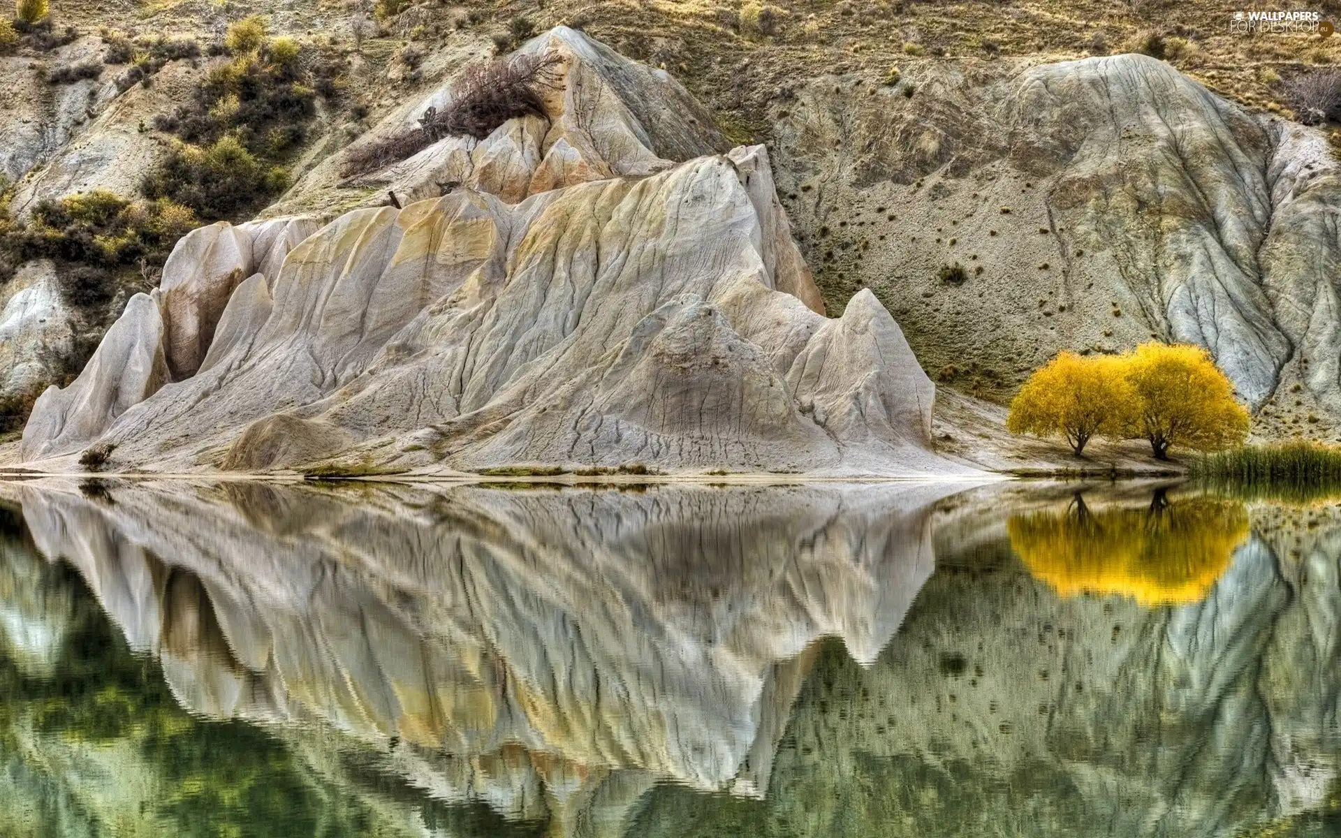 viewes, reflection, lake, trees, rocks