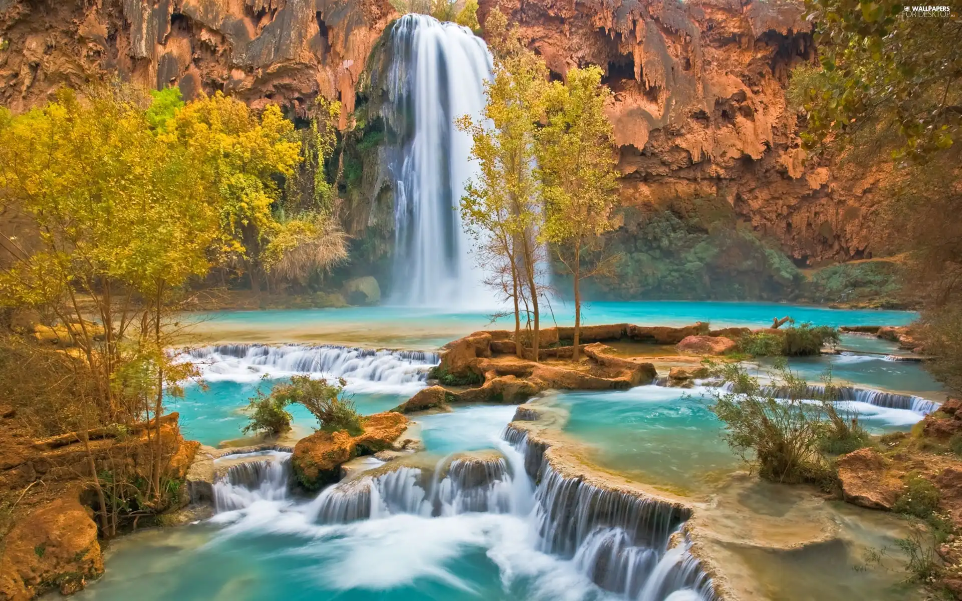 viewes, rocks, Cascades, trees, waterfall