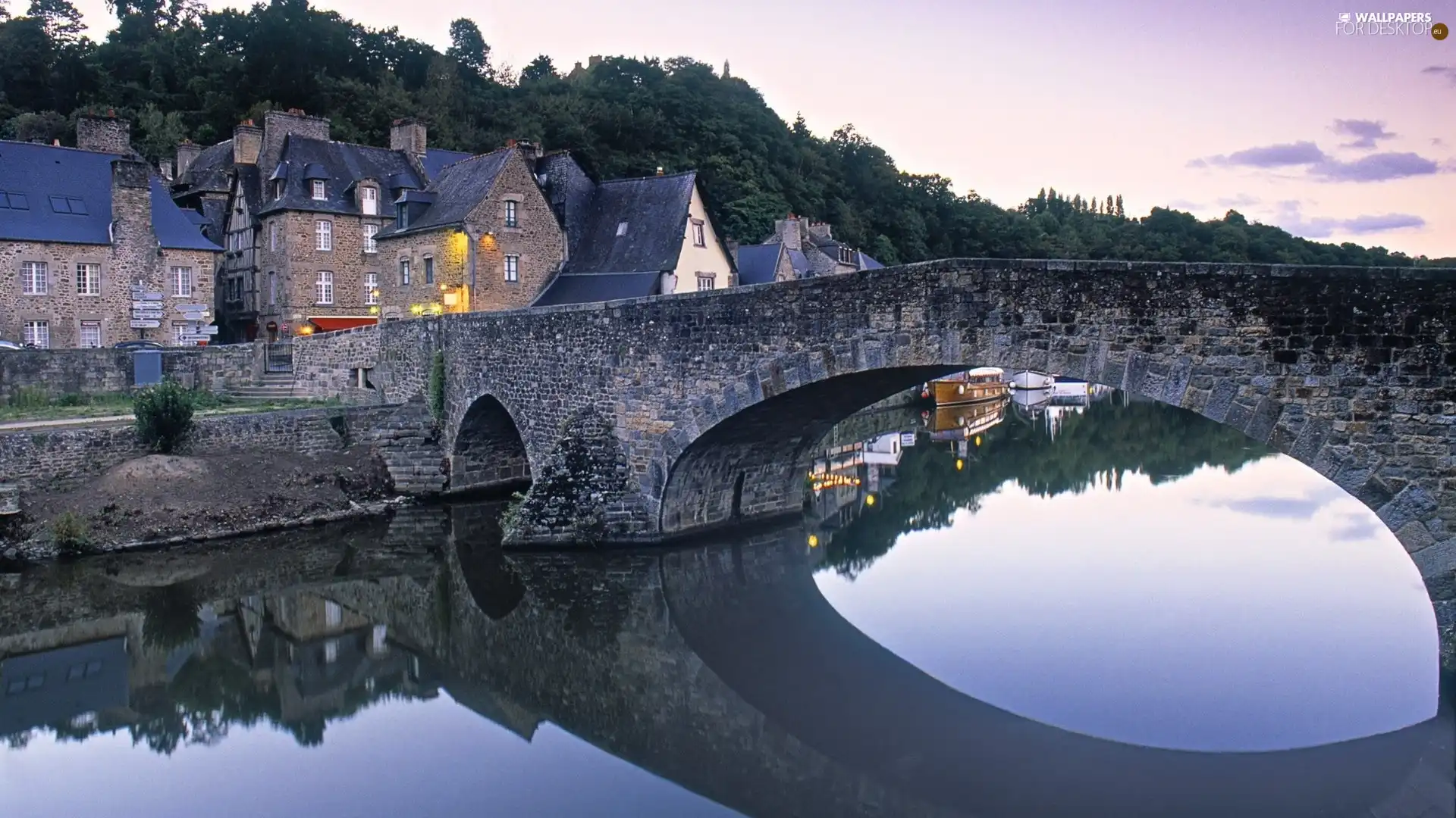 buildings, River, viewes, Sky, trees, bridge