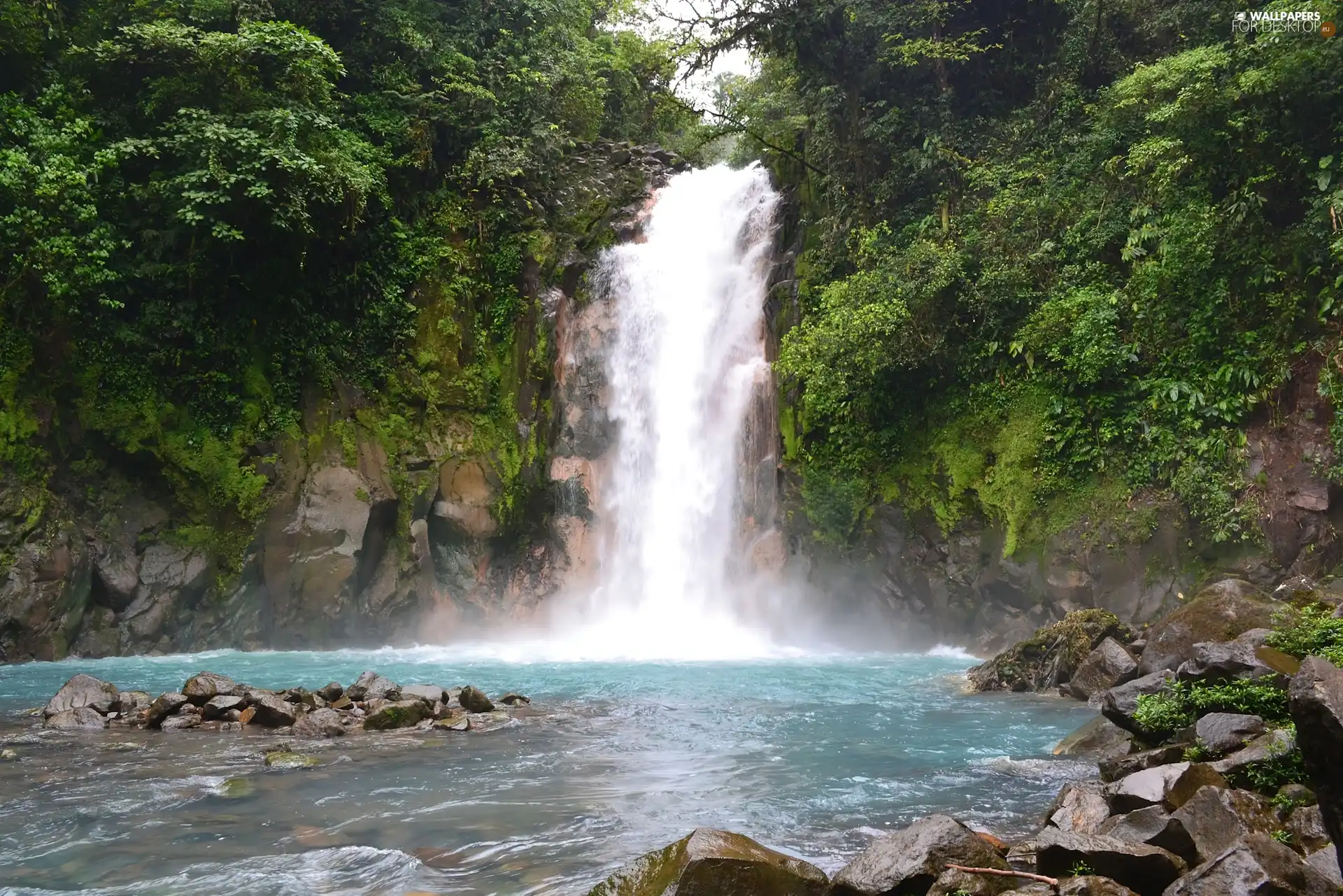 waterfall, trees, viewes, rocks