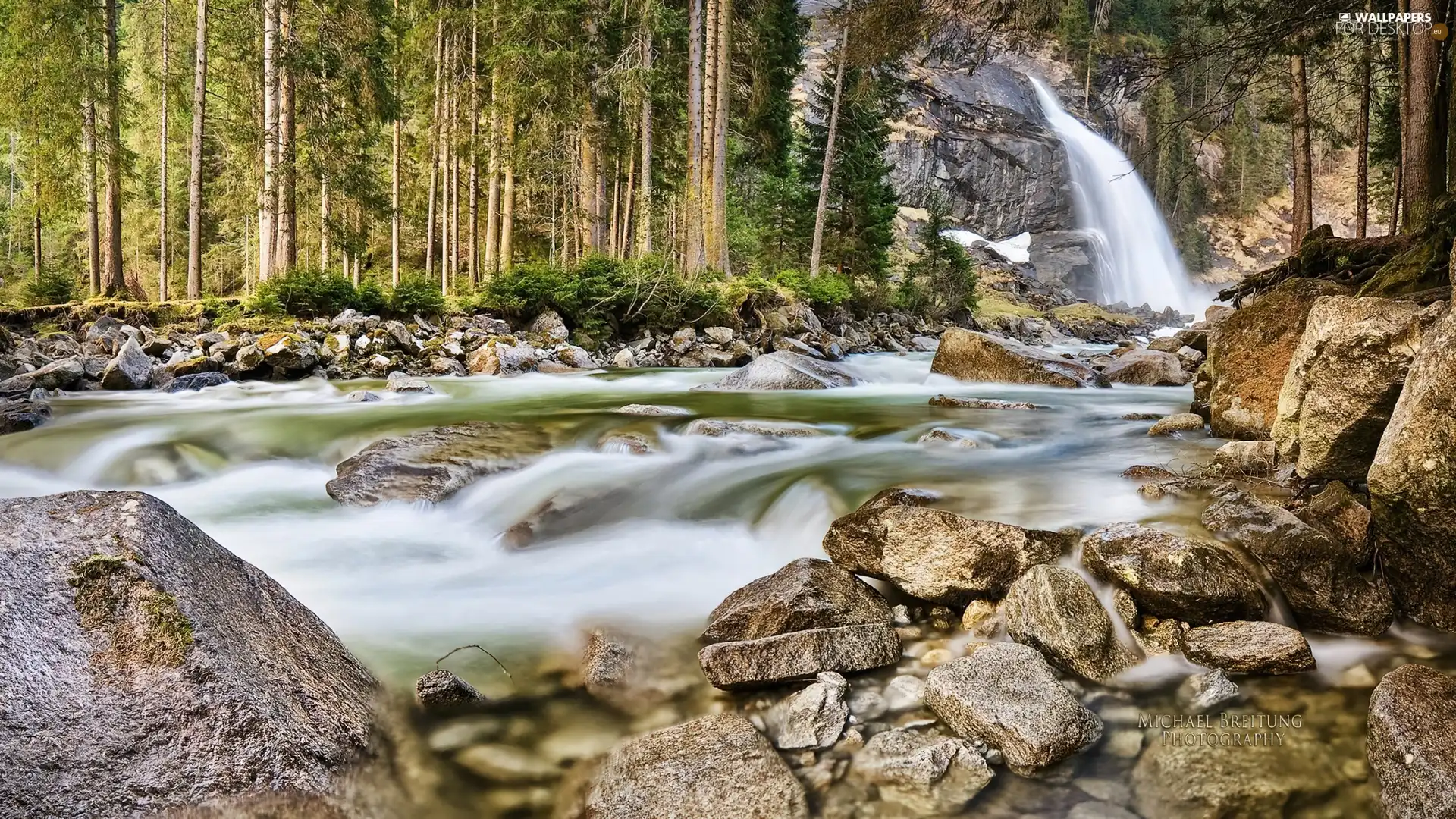 waterfall, forest, rocks