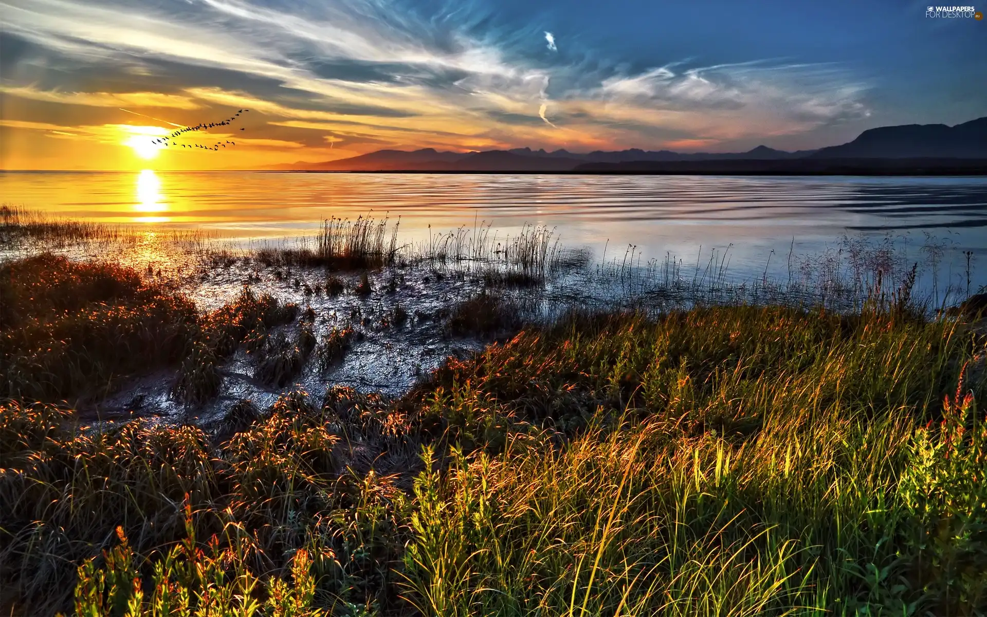 clouds, lake, west, sun, Beatyfull, Mountains