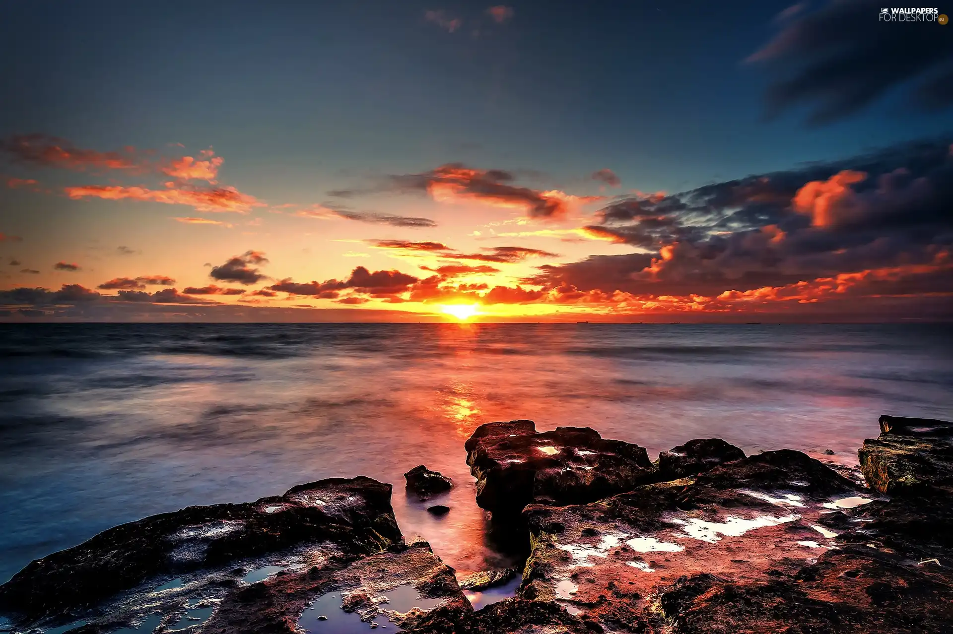 west, sun, Stones, clouds, sea