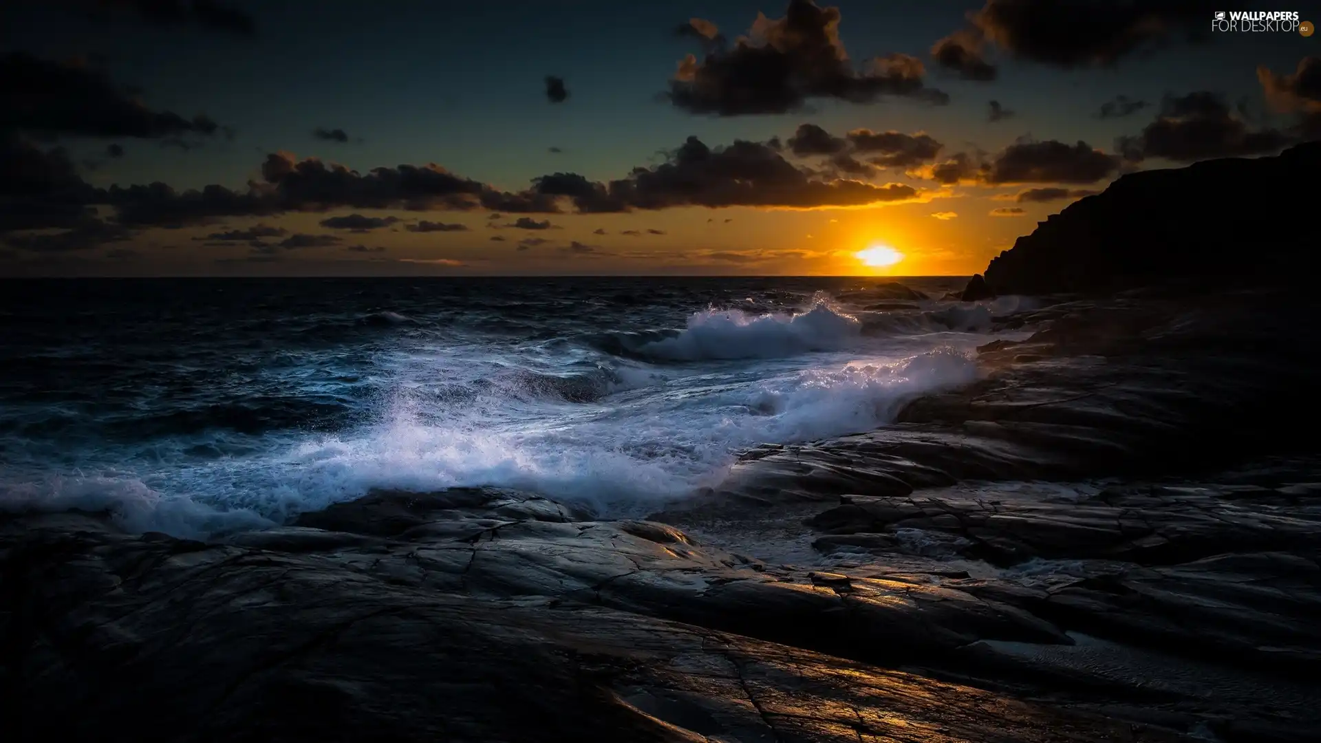 west, sun, rocks, Waves, sea