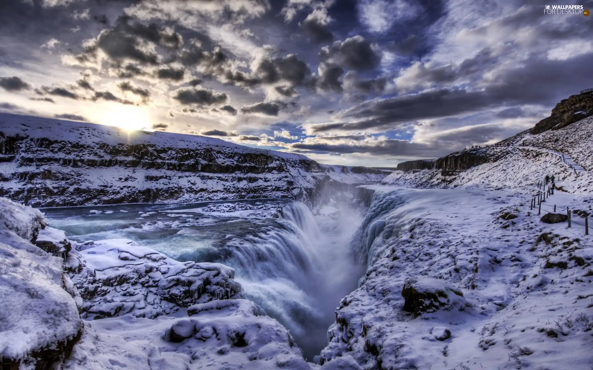 clouds, waterfall, winter, Mountains