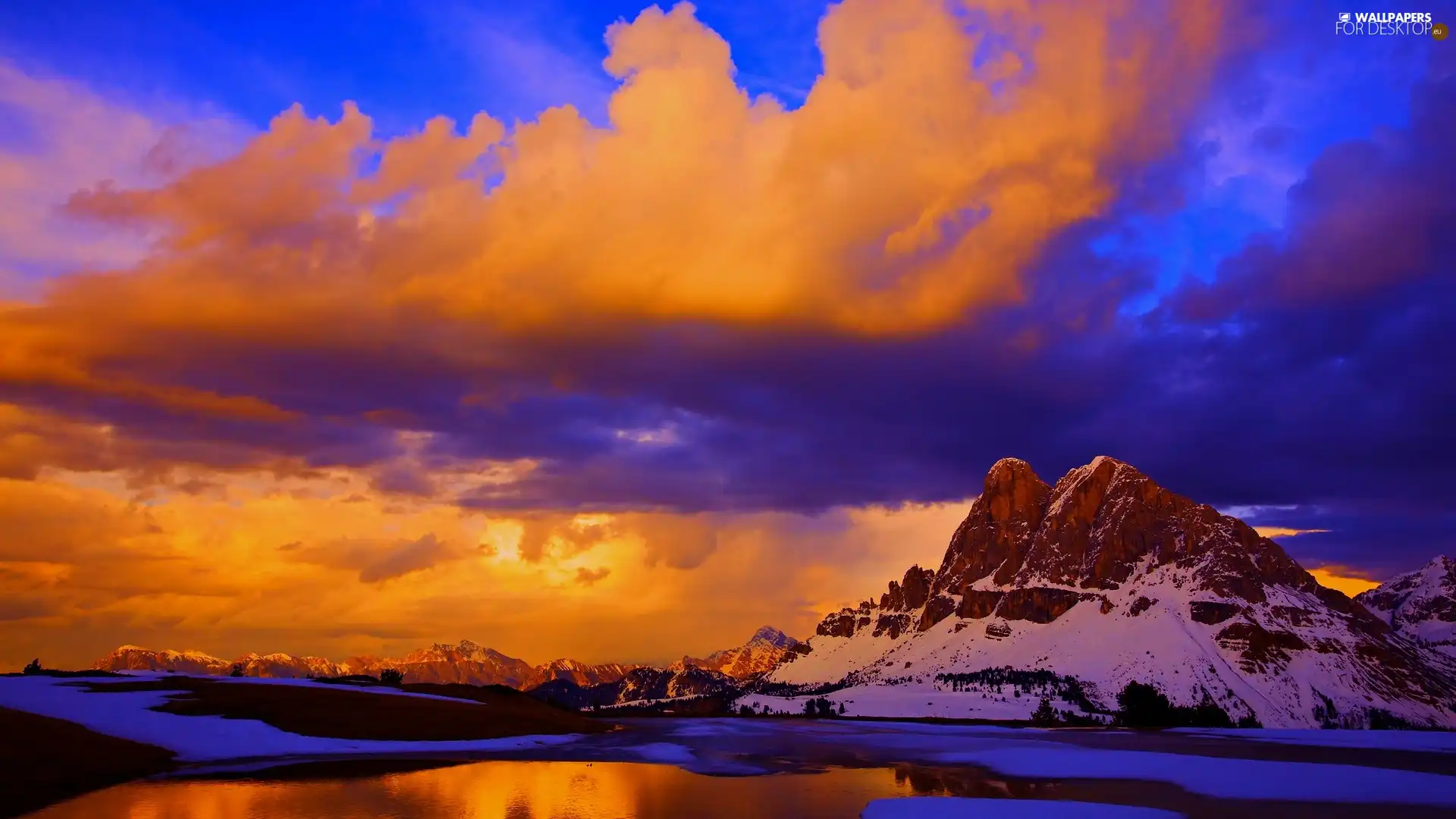 Mountains, clouds, winter, lake - For desktop wallpapers: 1920x1080