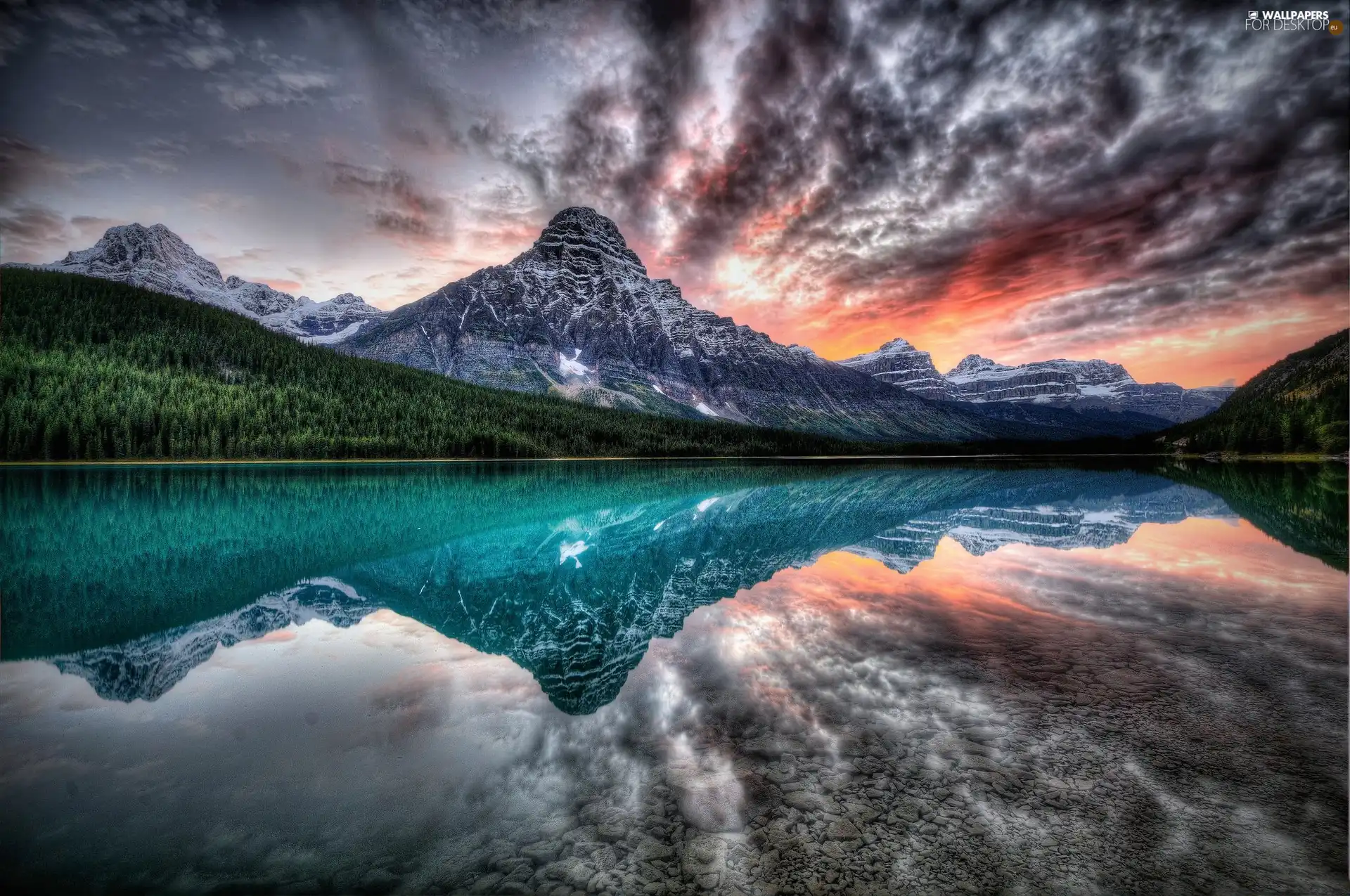 woods, reflection, Mountains, lake, clouds